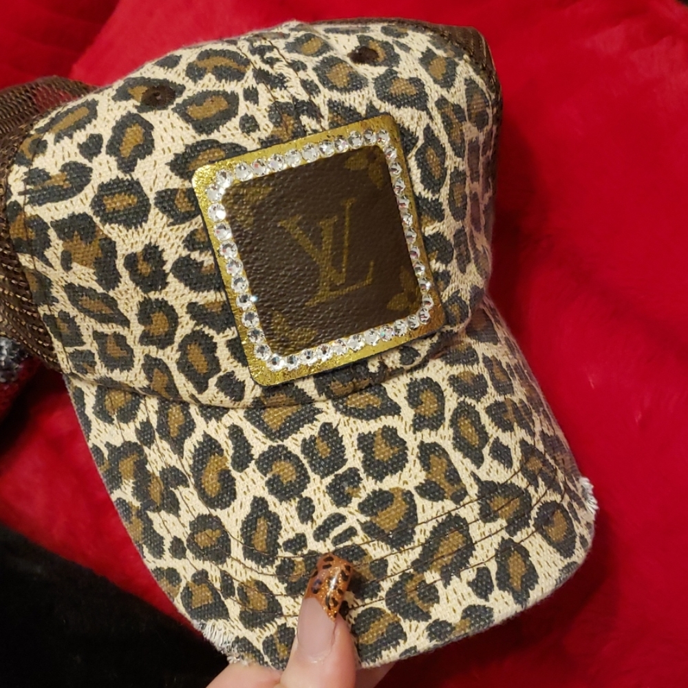 UPCYLED Louis Vuitton fabric patch hat cap gold leather swarovski, leopard print